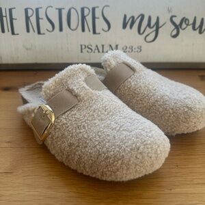 Steve Madden Cream Fuzzy Mules with Gold Buckle